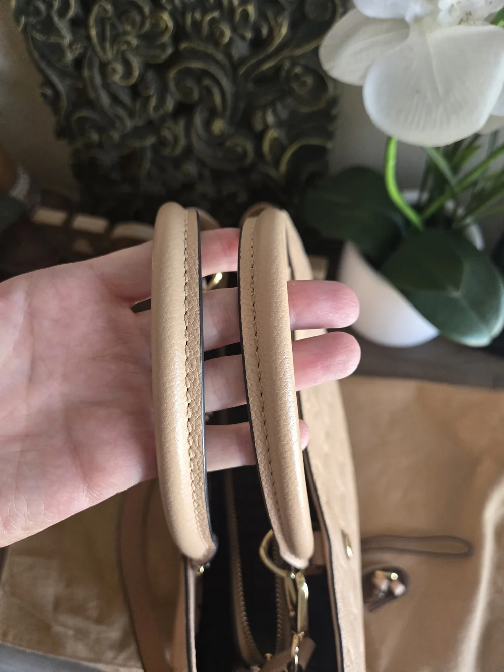 Louis Vuitton Beige Embossed Monogram Leather Tote